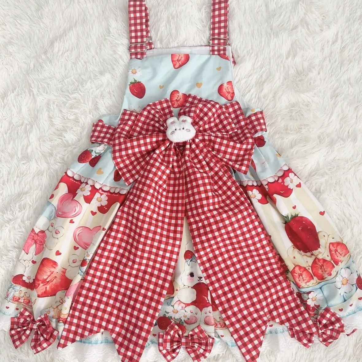 Coalfell【Bolo de Morango】 Saia de alça Lolita JSK original doce e fofa vestido estampado de coelho para mulheres verão