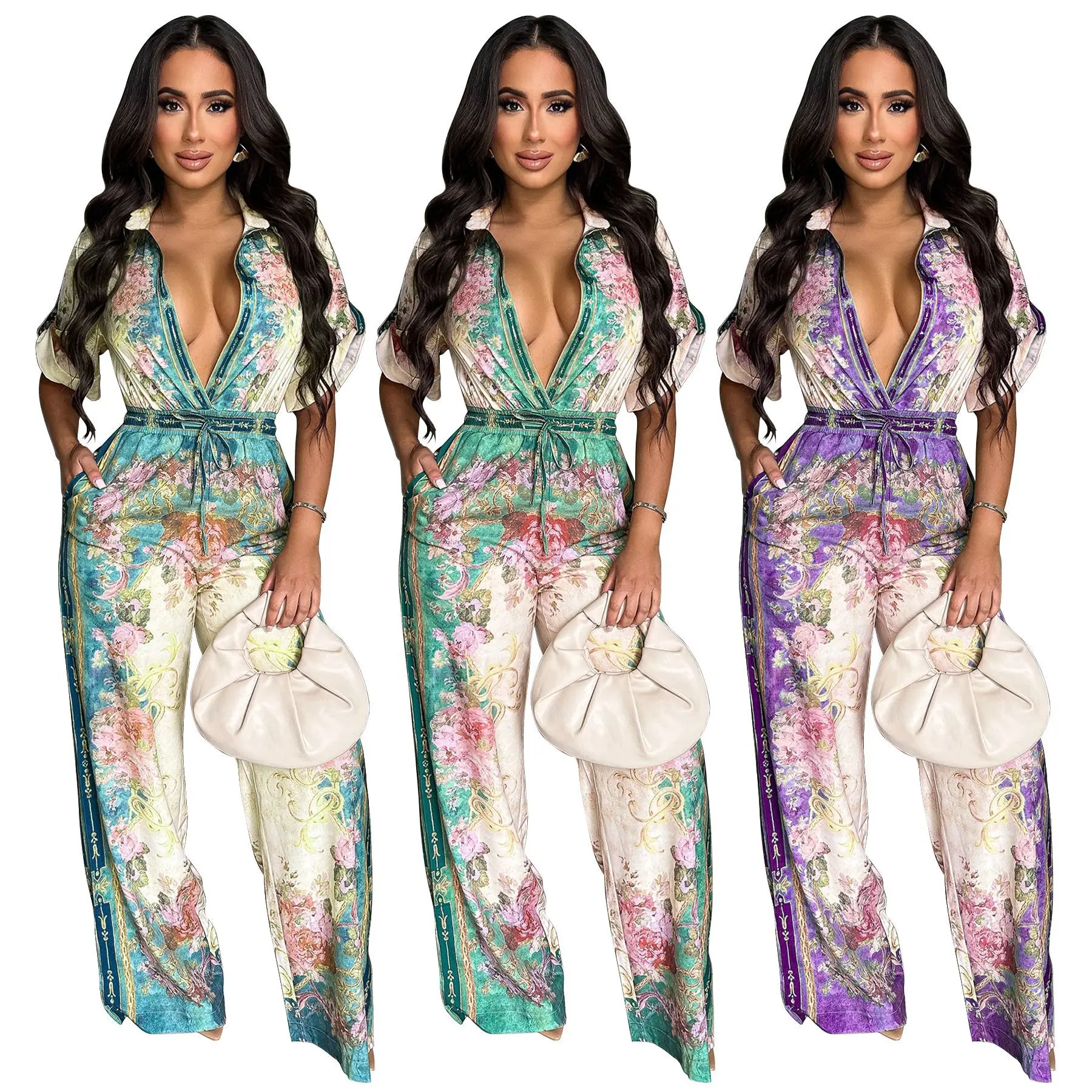 

Women Floral Printed Vintage Blouse Style Wide Leg Jumpsuits 2025 Summer Beach Night Club Playsuit One Piece Suit Romper