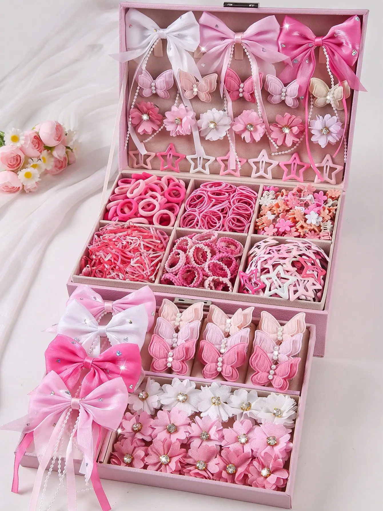 

443pcs/Set Girls' Pink Pearl Butterfly Hair Clips, Elastic Hair Ties, Scrunchies, Bangs Clips, Versatile For Daily Use