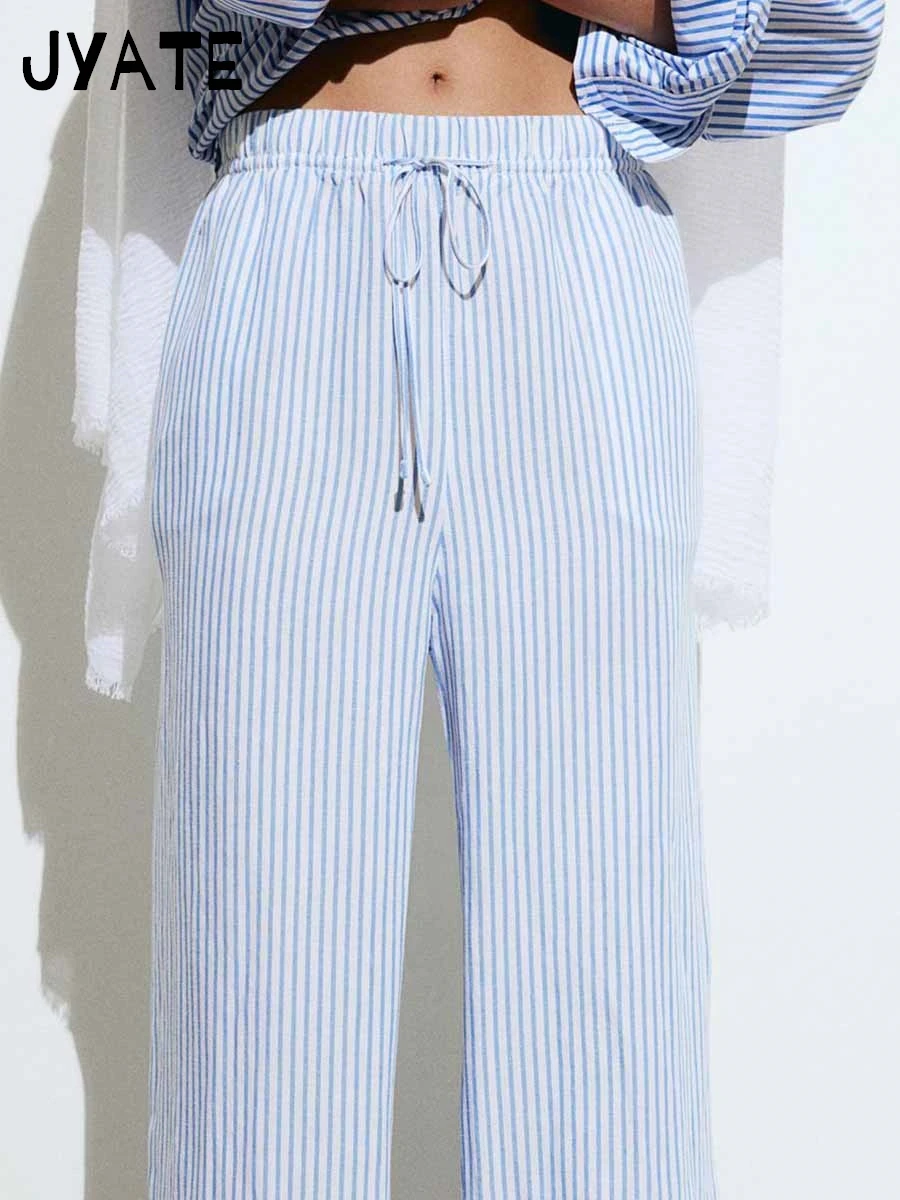 Semplici pantaloni lunghi con coulisse a righe blu donna estate Casual Preppy pantaloni dritti con tasca allentata pantaloni dolci Vintage Chic Y2K