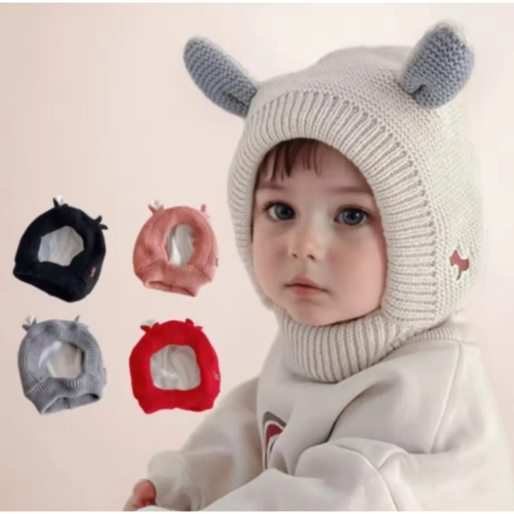 Gorro de pasamontañas de punto para bebé, gorro con bufanda de una pieza de dibujos animados, gorros de lana con protección para los oídos cálidos y gruesos para invierno