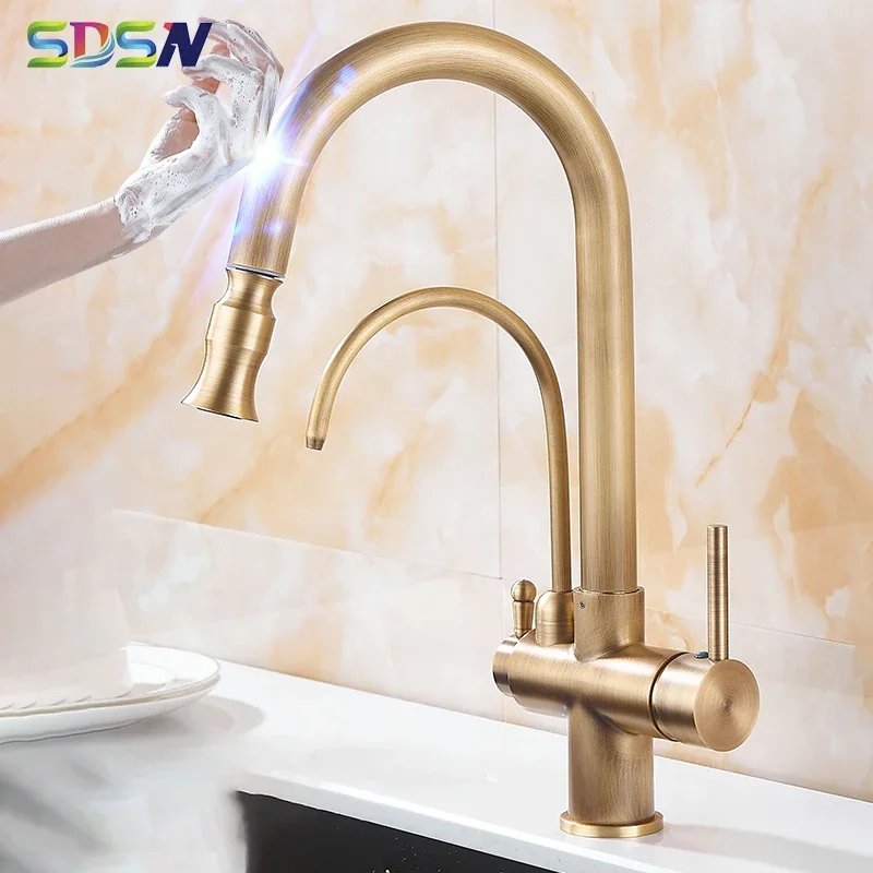 Antique Touch Filter Kitchen Mixer Tap Hot Cold Pull Out Kitchen Mixer Faucet 3 Ways Brass Smart Sensor Touch Kitchen Faucets