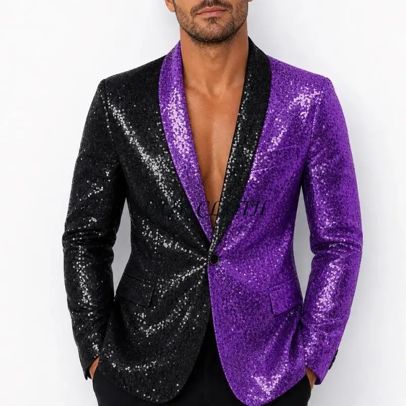 Men Black Spliced Sequin Button Shawl Lapel Suit Nightclub Party Stage Performance Costume