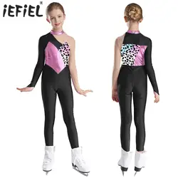 Kids Girls Printed Ballet Gymnastics Jumpsuit Mock Neck Mesh Long Sleeve Bodysuit for Figure Skating Dance Performance Costumes