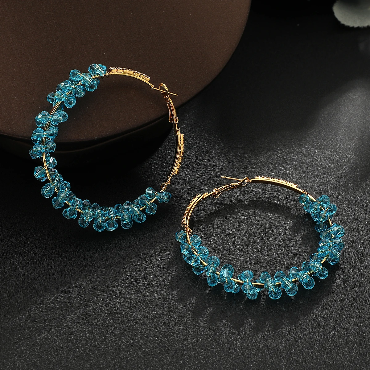 Boho Blue Crystal Beaded Hoop Earrings Gold Rhinestone Large Circle Dangle Earrings Women Summer Beach Party Jewelry