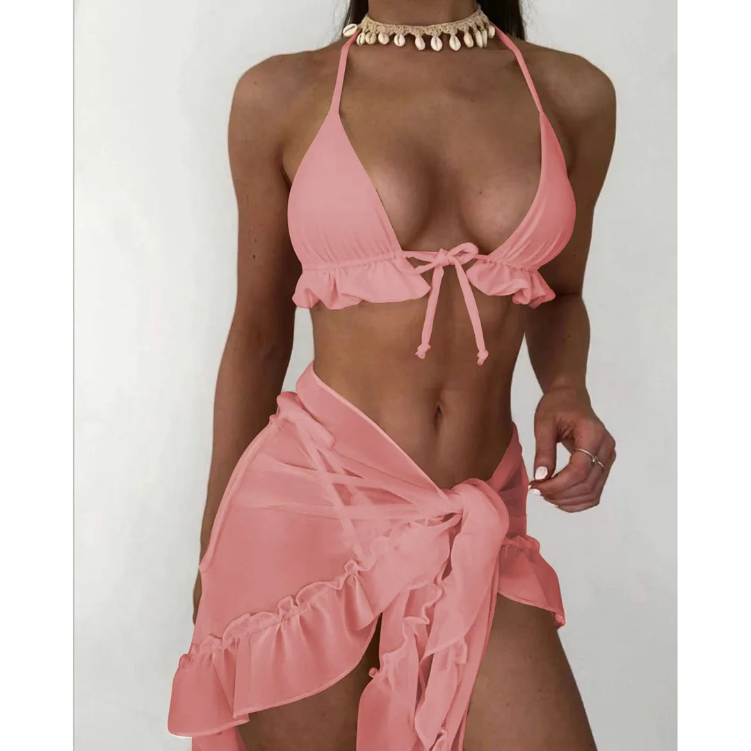 Sexy Bikini mit Sarong, Neckholder und Rüschen, Damen-Badeanzug, dreiteiliges Bikini-Set, Badebekleidung, Badeanzug, Schwimmanzug V4144W – Detail 40