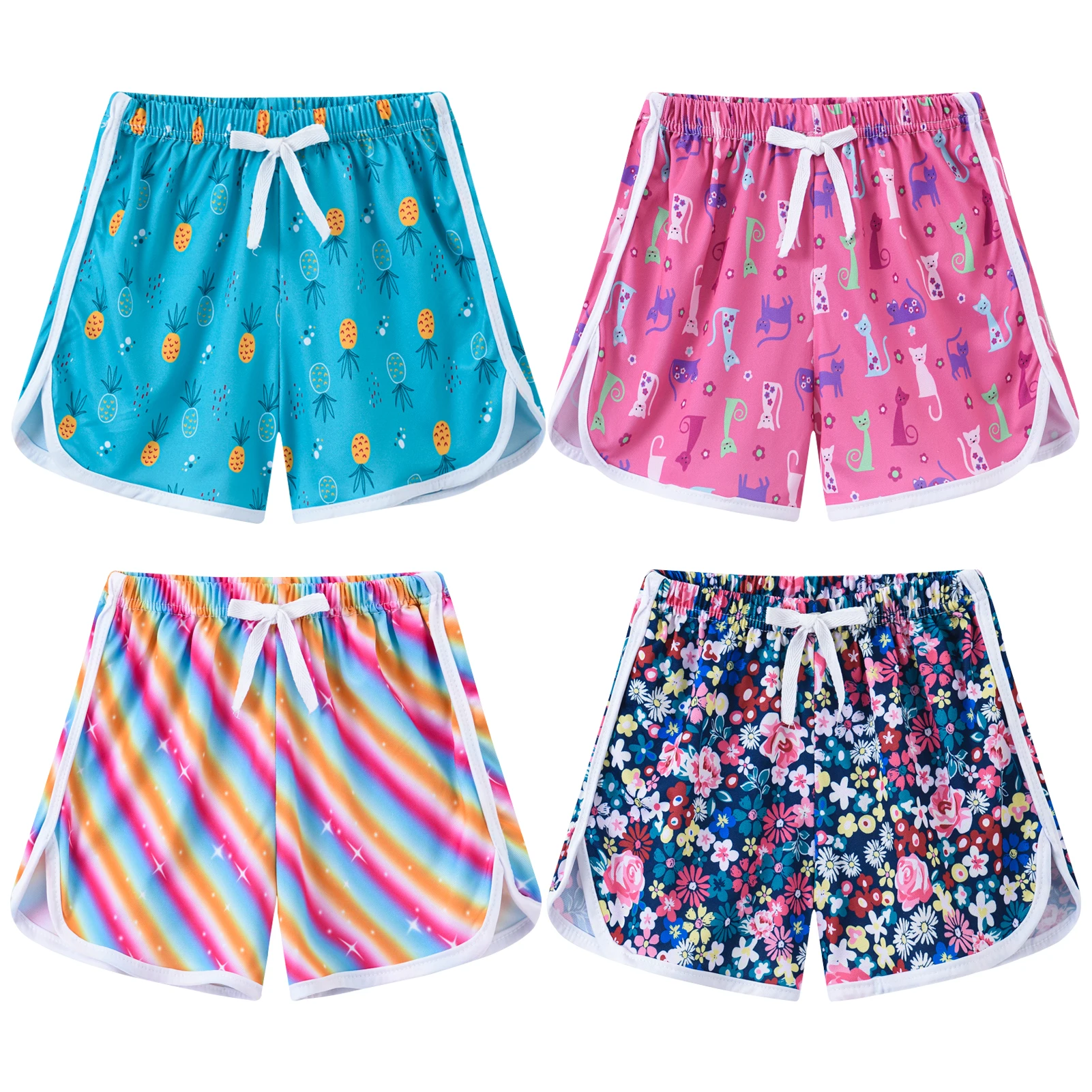 4pcs/Set Girls Sport Shorts,Bright Color External Wear,Printed Panties,Kids Loose Beach Trunks,Children's Bottoms for Summer
