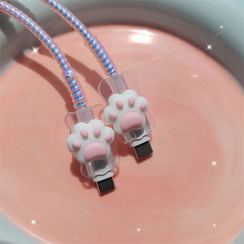 3D Cute Pink Cat Paw Silicone Charging Cable Protector Case For iPhone 16 15 11 14 Pro Max 20W 18W Charger Head Protective Cover