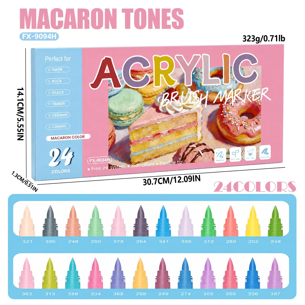 24 Macaron Shades Soft Brush Markers, Low Saturation Tones, Sweet Fresh Girly Illustrations, Multi-surface DIY Coloring