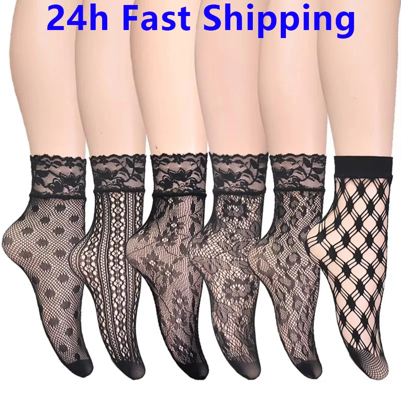 3 Paar Vintage Lace Dames Sokken Zomer Gebloemd Mesh Elastisch Transparant Korte Enkel Sok Lolita Vrouwen Jurk Visnet Zwarte Sokken