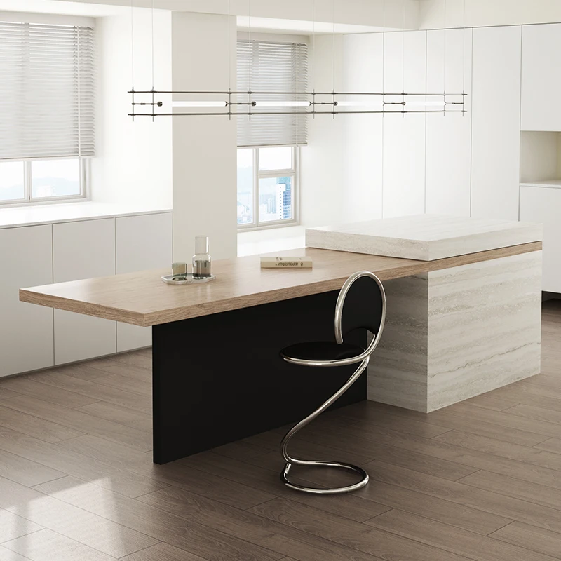 

Travertine minimalist island dining table, integrated open kitchen guide table, modern rock slab bar, balcony collapse