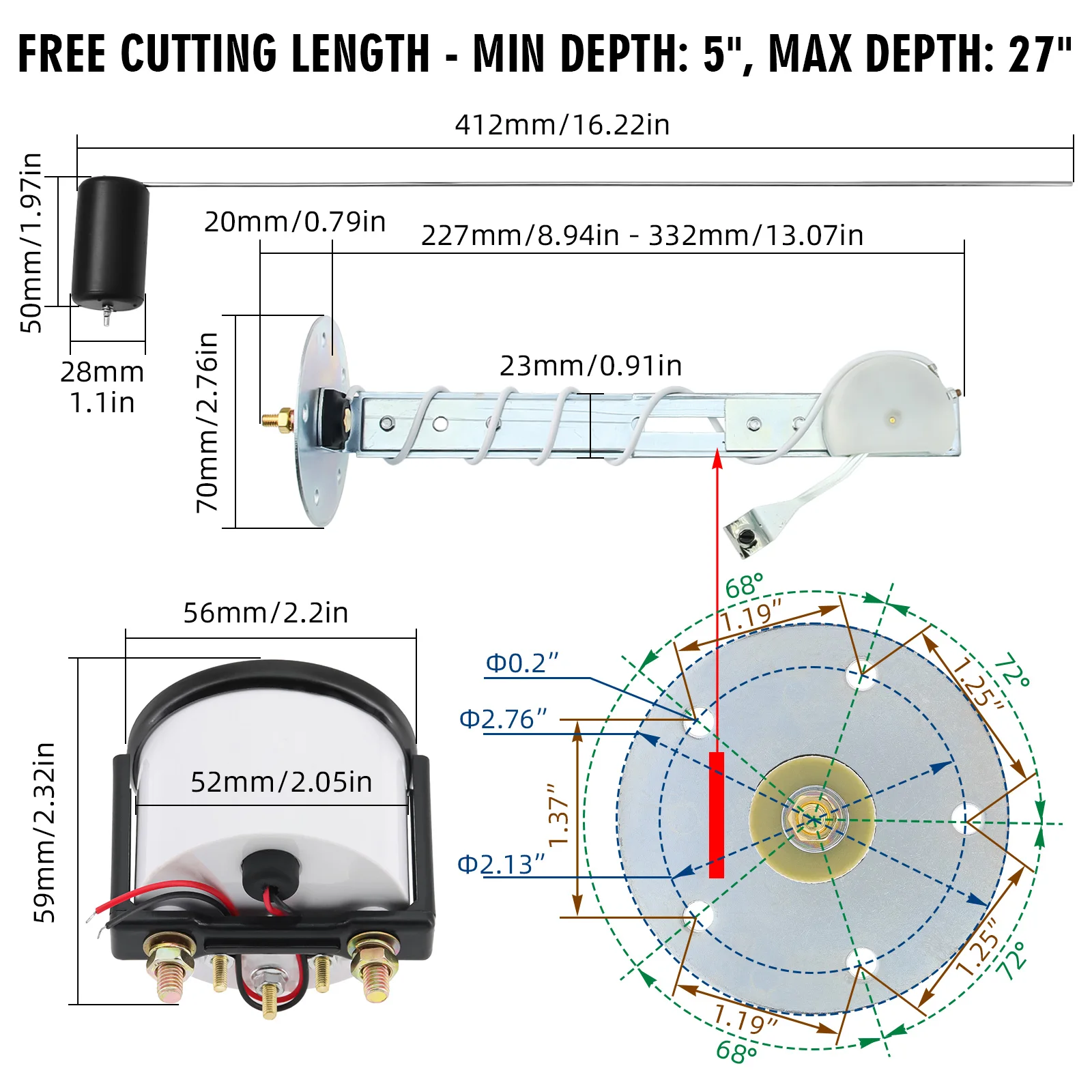 2inch 52mm Fuel Level Gauge 240-33ohm with Fuel Float Sensor 5in To 27in Adjustable Length White LED Light Black Rim Car Meter