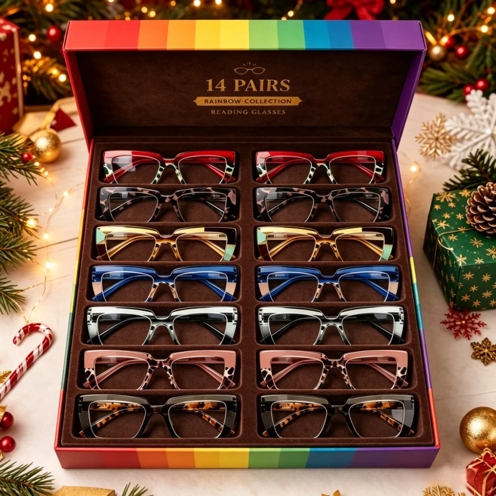 14 Pairs Unisex Reading Glasses Set with Gift Box, Christmas Halloween Holiday Gift, Random Color Fashion Eyewear