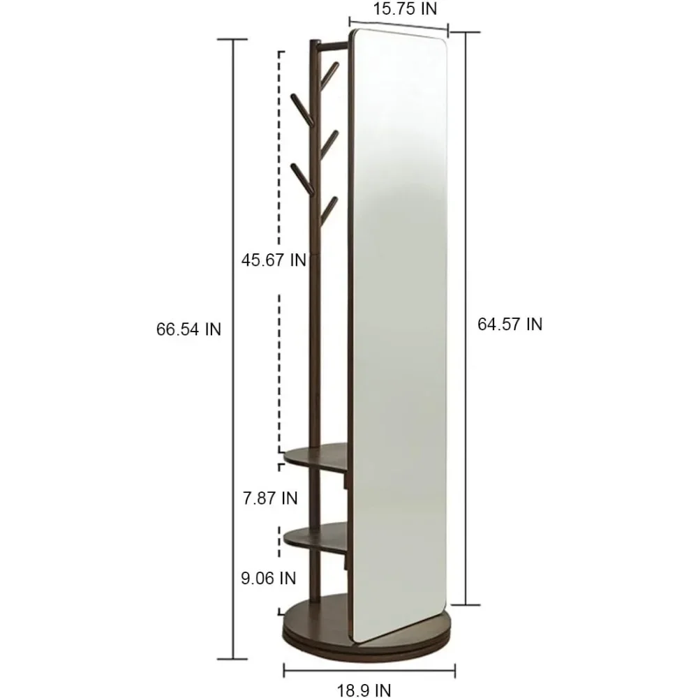 Miroir de Longueur de 67x15.7 Pouces Everak T1 à Grande Comcussion à 360 °, 3 Niveaux d'Étagères, Miroir sur Pied, Cadre en Caoutchouc, Miroir Complet