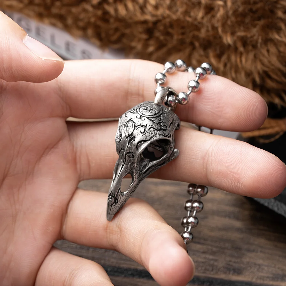 COPPERTIST.WU Raven Skull Pendant Necklace Gothic Punk Crow Amulet Witcher Charm Jewelry Gift for Men Women,White Bronze