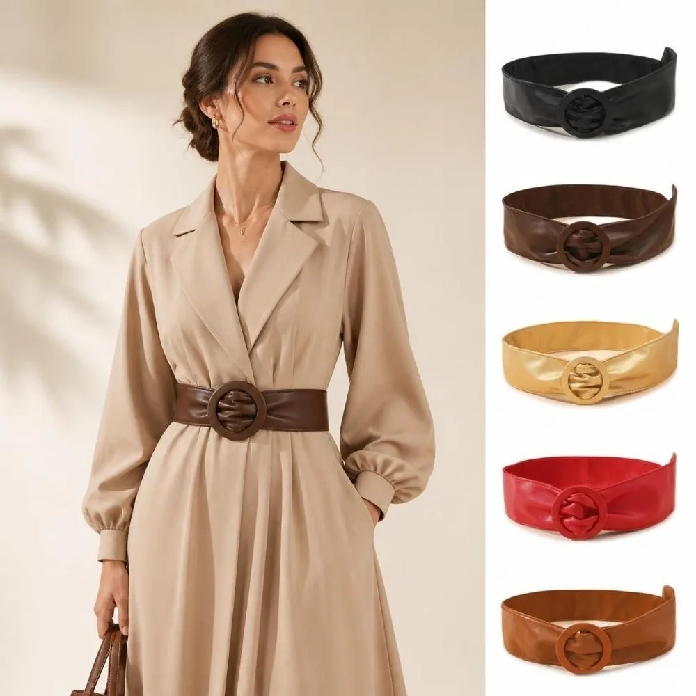 Adjustable Length Faux Leather Waist Belt Wide Soft Decorative Waistband Faux Leather Self-Tie Closure Round Ring Buckle Belt