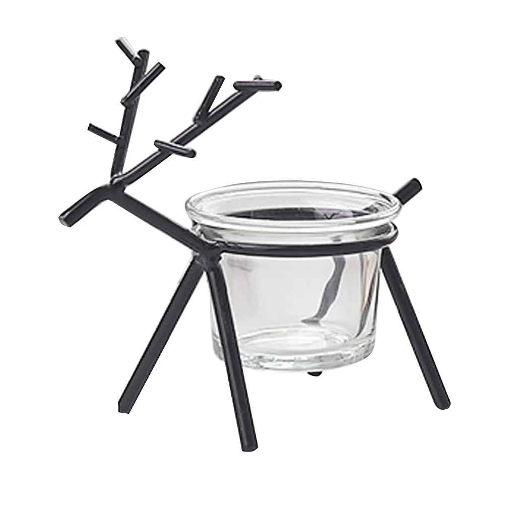 حامل عيد الميلاد الحديدي مع تصميم غزال من الحديد المطاوع باللون الأسود وحامل شمع زجاجي لديكور المنزل والمكتب والعطلات #4