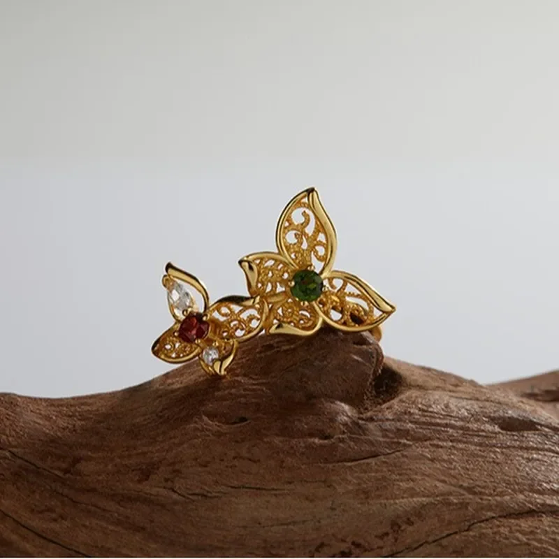 S925 sterling silver inlaid with natural diopside garnet colored treasure ring female personality hollow new butterfly open