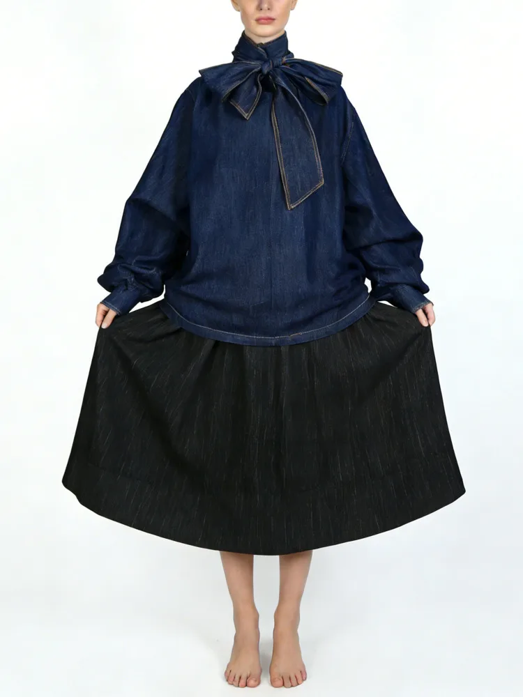 VTKW 2026 신상 여성 데님 보타이 넥 블라우스 루즈 퍼프 소매 캐주얼 탑 패션 스트리트웨어 여성 우아한 상의