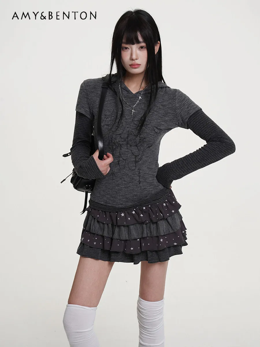 

Новая женская толстовка с капюшоном в японском стиле, с принтом, серо-белая, с эффектом двухслойности, с длинным рукавом, весна-осень