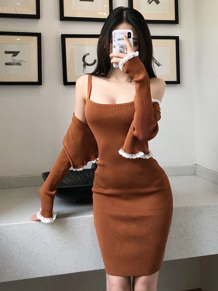 

Весеннее длинное пальто с кружевной отделкой све, сексуальное облегающее платье с ремешком, трикотажный комплект, модный комплект для молодых женщин 8-25 лет