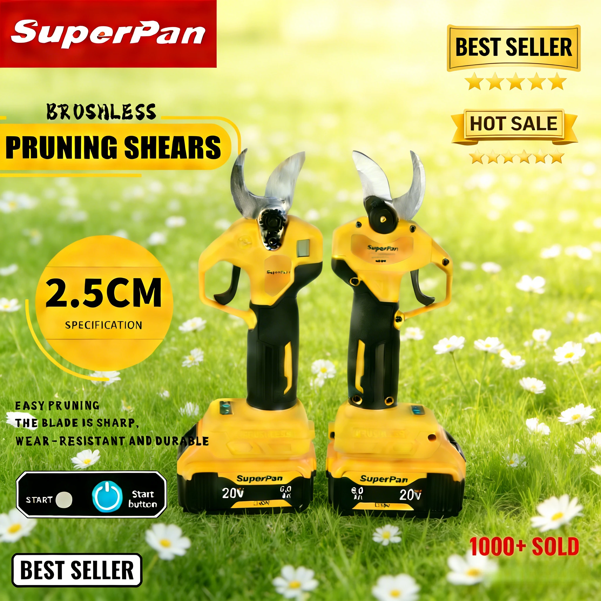 

SuperPan 20V Brushless Pruning Shears, 25mm Cut & 4 Gears, for Commercial Garden & Orchard Trimming for dewalt 20V battery pin