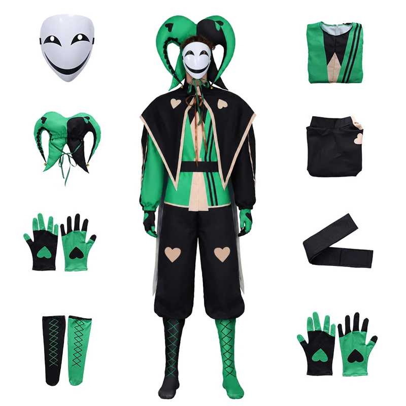 

Freak Circus Little H Harlequin Cosplay Costume Full Set Green Horror Medieval Jester Clown Outfit with Mask Hat Unisex Adult