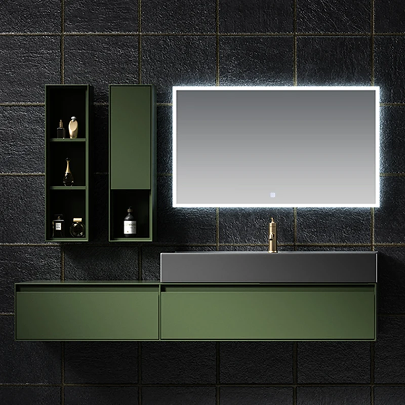 

2021 New Design Bathroom Vanity Modern Wash Basin Cabinet, With Large Storage Side Cabinet, With Led Smart Mirror