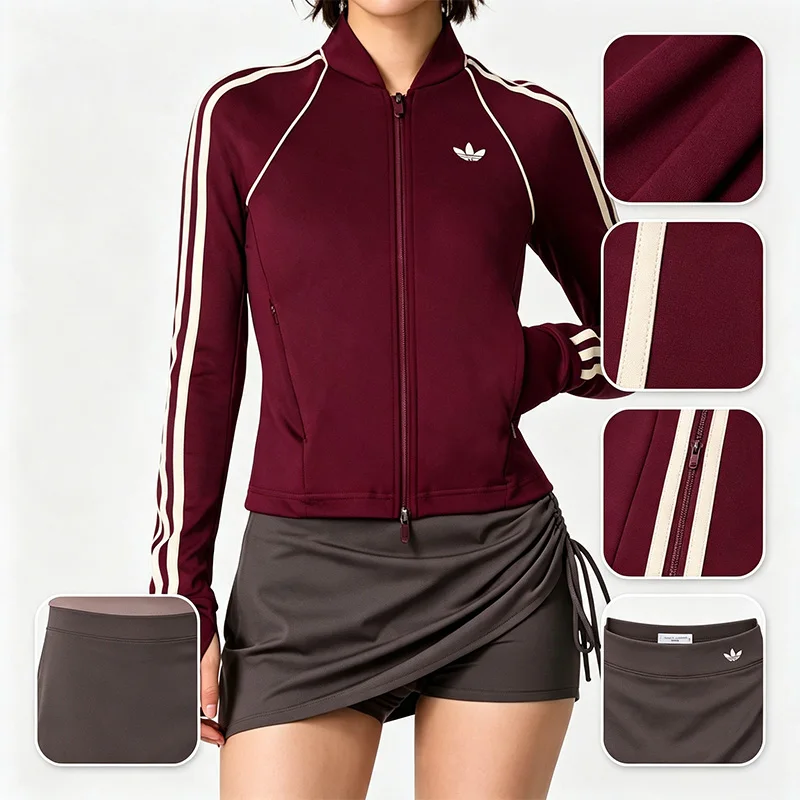 Adidas Trefoil Vintage Fashion Jack Women Knit Cropped Jacket Regular Fit Funnel Collar Full Zip Polka Dot Sports Outerwear