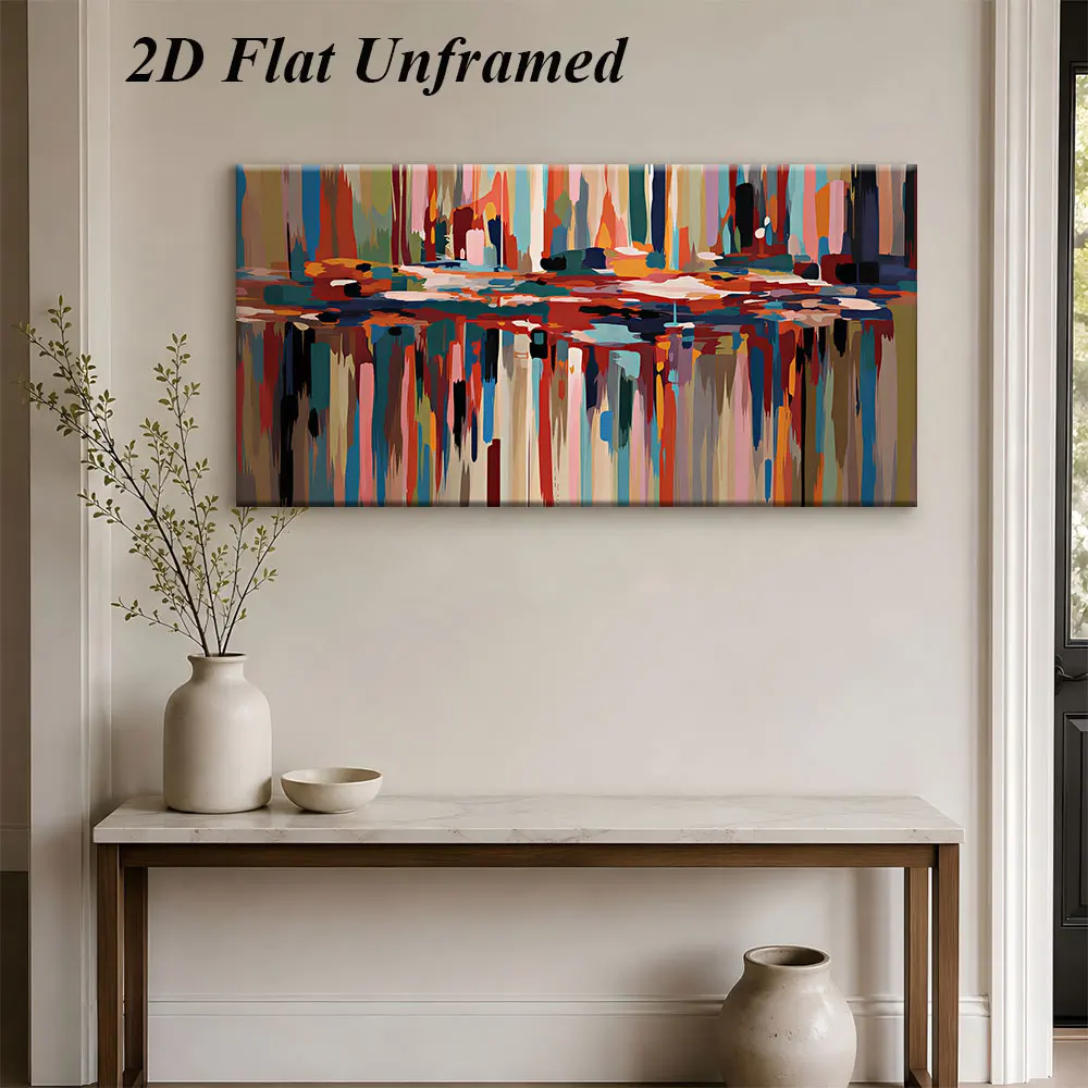 1 modern abstract art frameless decorative painting with colorful flowing brushstrokes, simple home wall decoration, 2D plan