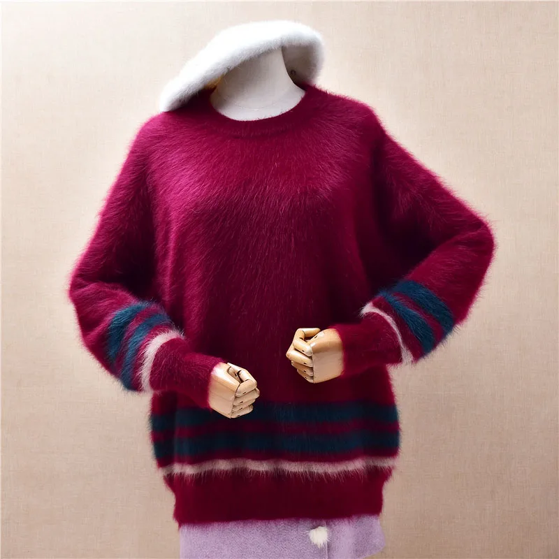 

Ladies Women Fall Winter Fashion Wine Colored Hairy Mink Cashmere Knitted O-Neck Long Sleeves Loose Pullover Sweater Jumper Pull