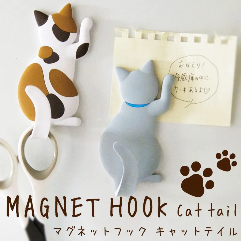 Cute Cat Refrigerator Sticker Cartoon Animal Magnetic Porch Key Hook Bendable Cat Tail Hook Kitchen Office Decoration Hook