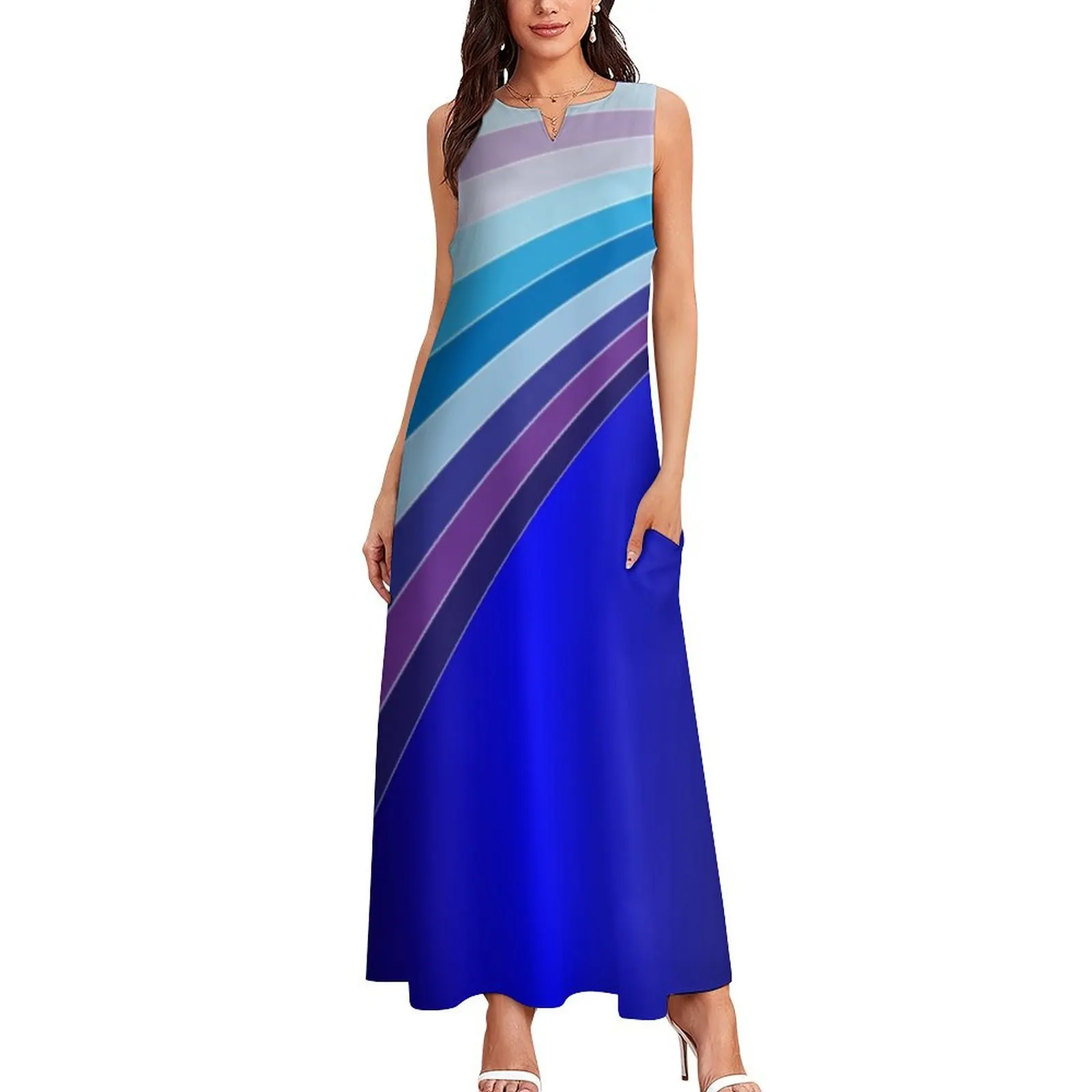 65 MCMLXV Retro 70s Disco Blue Streaks of Light Pattern Long Dress Beachwear Women dresses summer