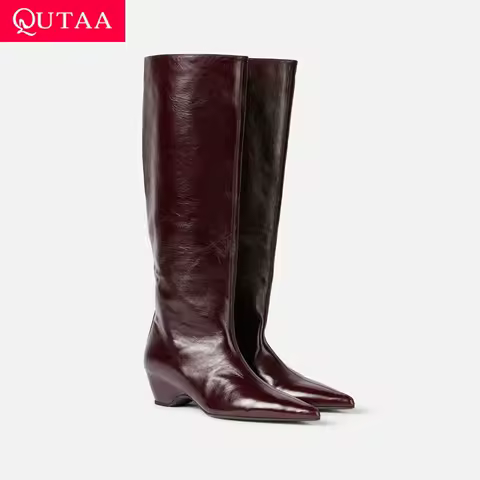 QUTAA Fashion Winter New Women Knee High Boots Cow Leather Wedge High Heels Woman Shoes Pointed Toe Long Boots Zipper Warm 34-42