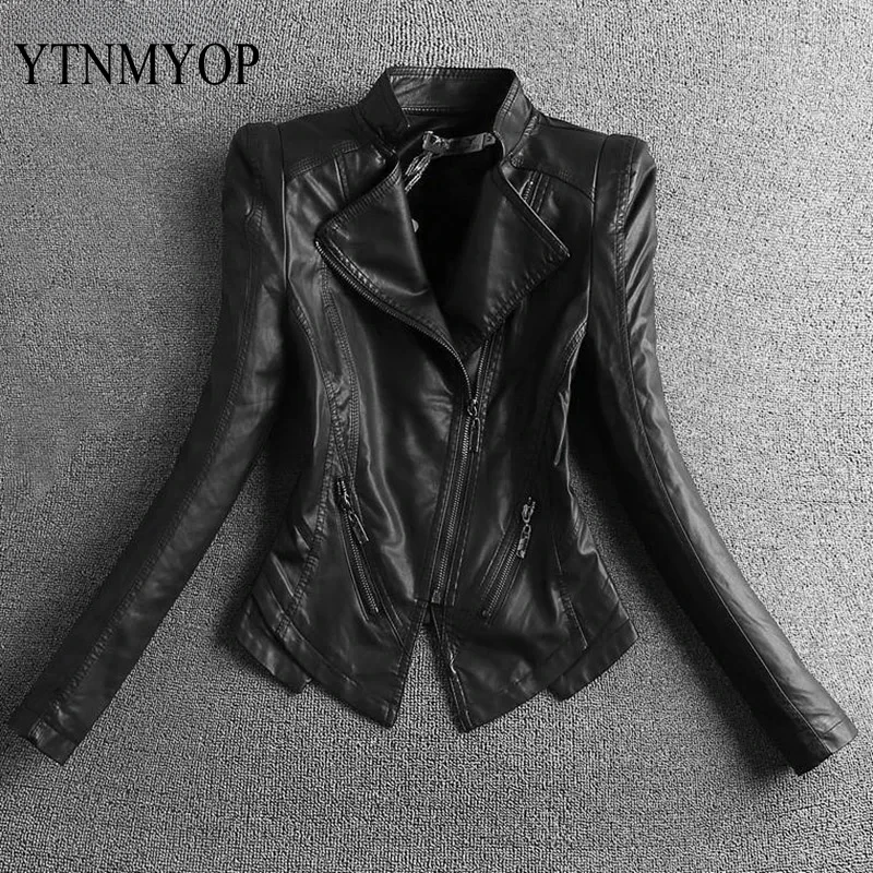 New Slim Casual Women Leather Jacket Mandarin Collar Short Black Leather Coats Spring And Autumn Suede Outerwear