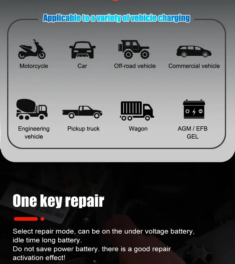 Tragbares 10A/20A-Ladegerät für Start-Stop-Batterien, Autoreparatur und Schnellladung für 12 V/24 V AGM LiFePO4-Auto, LKW, Motorrad – Detail 7