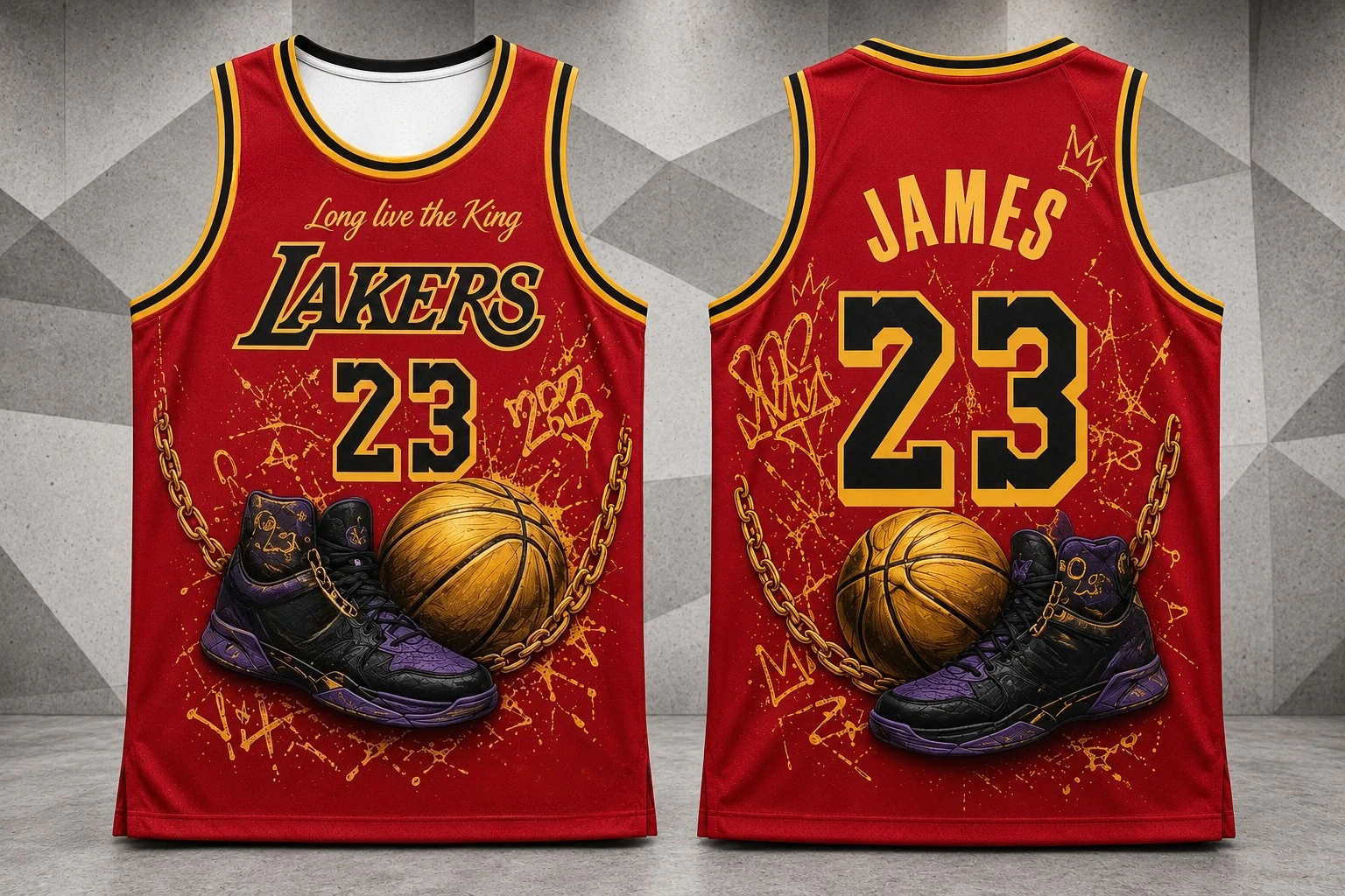 Camisa de Basquete Vermelha 23 Tema Rei com Estampa de Tênis e Bola, Uniforme Esportivo Masculino Sem Mangas em Malha Respirável para Fãs, Família e Crianças