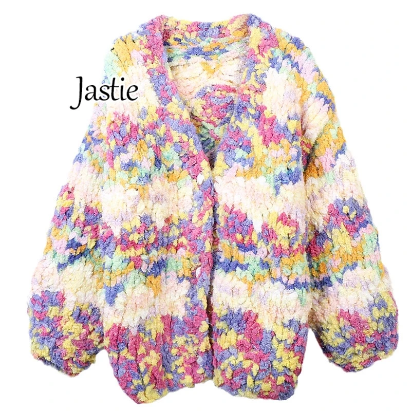 

Jastie Sweater Cardigan 2024 Autumn And Winter Rainbow V-neck Long-sleeved Loose Handmade Stick Knitted Cardigan Female Sweater