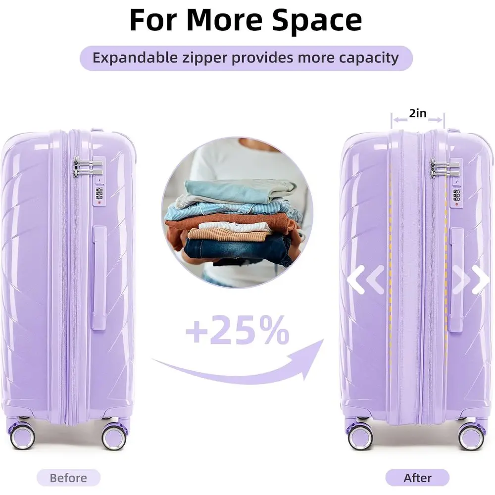 20 Inch Lavender Expandable Hardshell Spinner Luggage Set for Women, Airline Approved Carry-On Suitcase