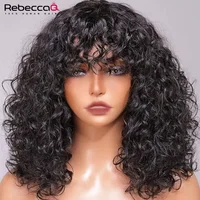 Pelucas de cabello humano Bob corto y rizado con flequillo, pelucas hechas a máquina, resaltan pelucas de color rubio miel para mujeres, cabello Remy barato