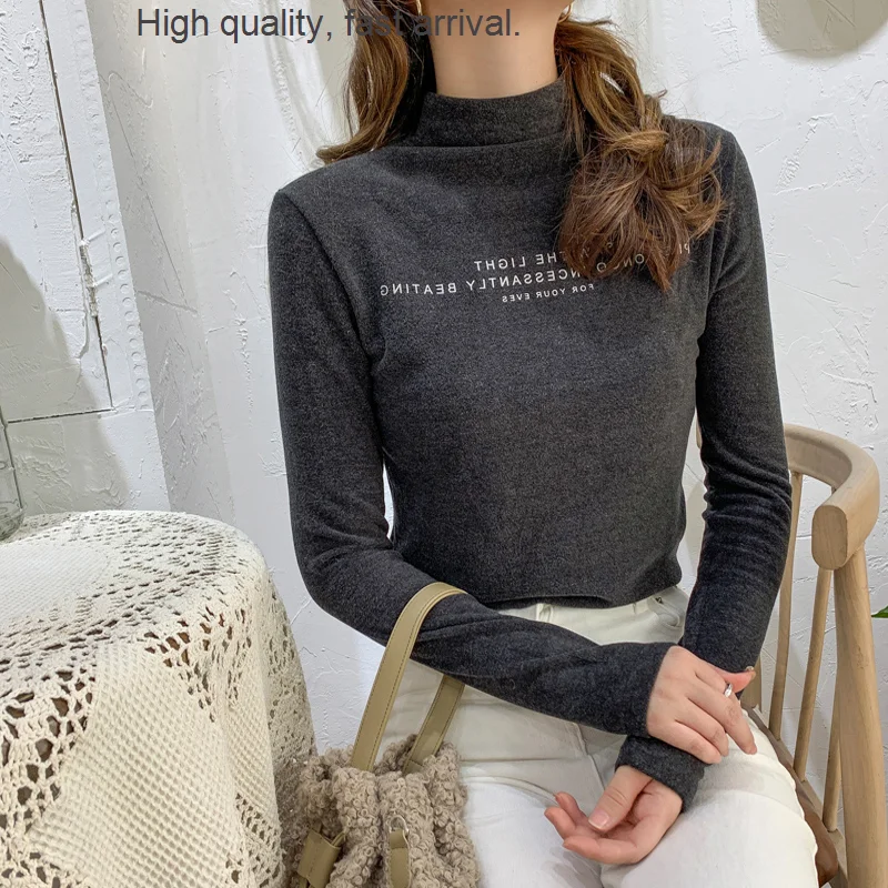 Bottoming Half Turtleneck Shirt Women's Autumn and Winter Korean Retro Double-Sided Dralon Long-Sleeved Brushed Top Warm with