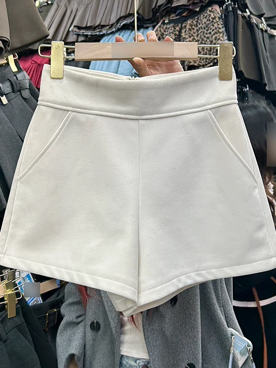 

Шерстяные шорты с высокой талией для женщин: модные, в простом стиле, для повседневной носки, с карманами, на молнии, свободного кроя