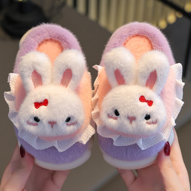 New Winter Warm Cute Bow Rabbit Indoor Closed-toe Mule Soft Non-slip Kids Fluffy Slippers For Girls Children Home Cotton Shoes