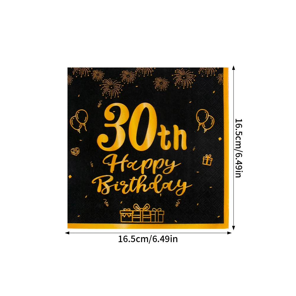 20pcs Gold Balck 30th 40th 50th 60th Birthday Paper Disposable Napkins Cocktail Napkins 30 40 50 60 Years Birthday Decorations