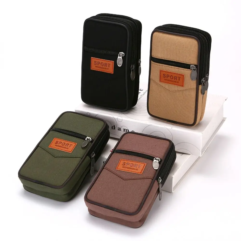 Solid Color Double Layer Men Phone Bag Horizontal Canvas Mobile Phone Pouch Vertical Casual Men Waist Pack Outdoor Sports