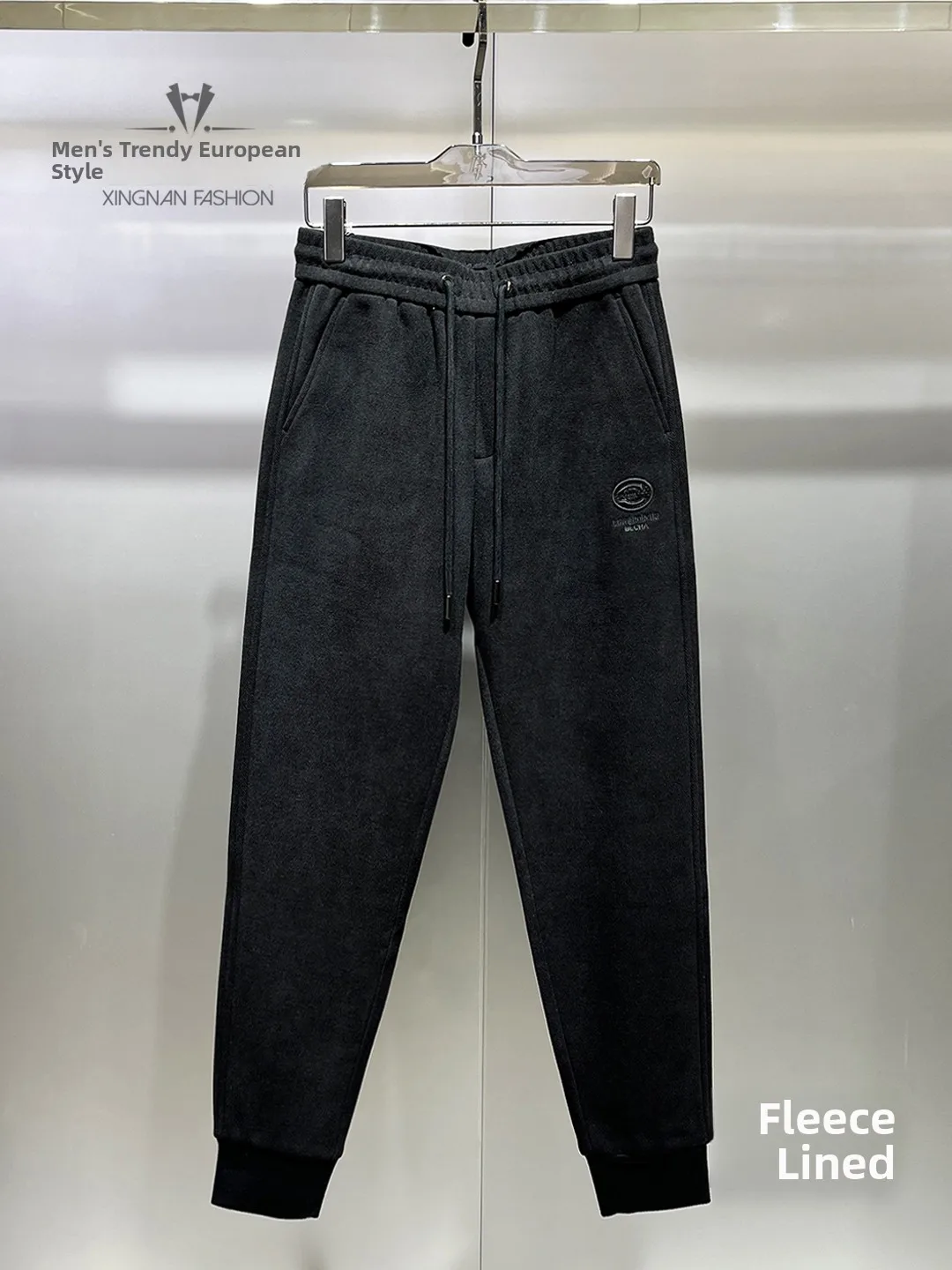 

Модные мужские брюки с флисовой подкладкой и манжетами, осенне-зимние, с вышивкой, удобные, универсальные, теплые, повседневные спортивные брюки