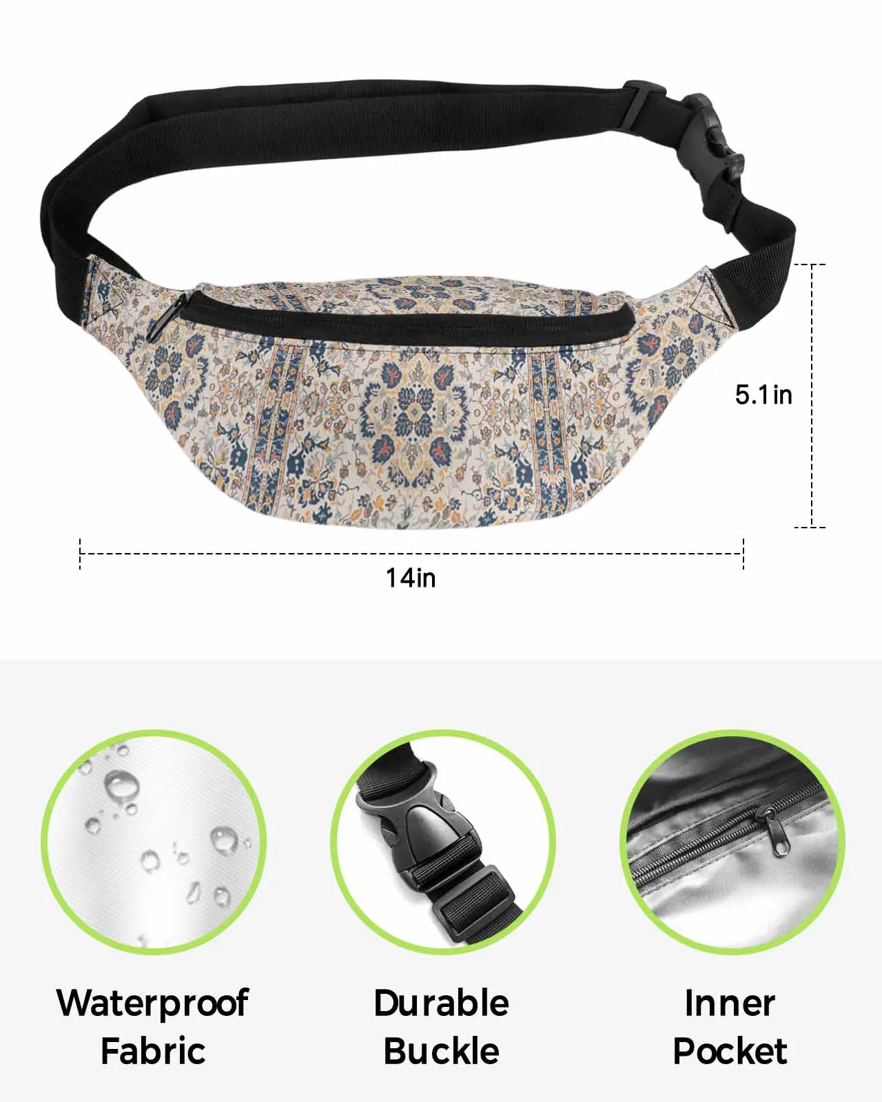 Pacote de Fanny floral impermeável para homens e mulheres, estilo étnico, retrô, padrão persa, bolsa de cinto, carteira, bolsa de banana