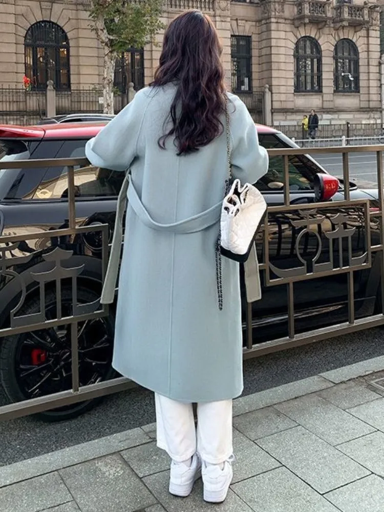 Autumn Winter Loose Woolen Coat for Women Casual Solid Outerwear with Belted Korean Fashion Chic Female Overcoat Outerwear New