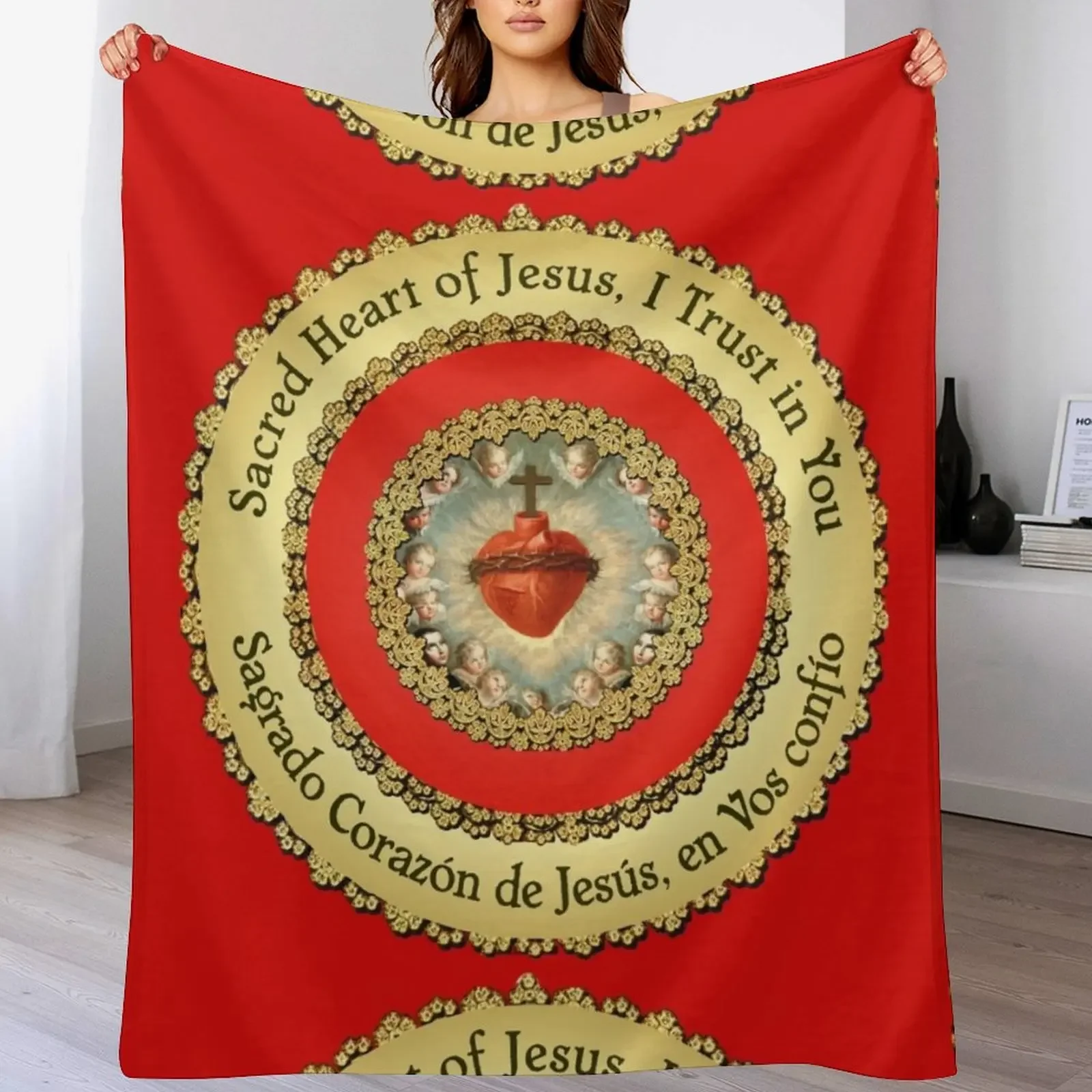 Manta Bilingüe Sagrado Corazón de Jesús, Oración Católica, 210 cm, Mantas para el Miércoles
