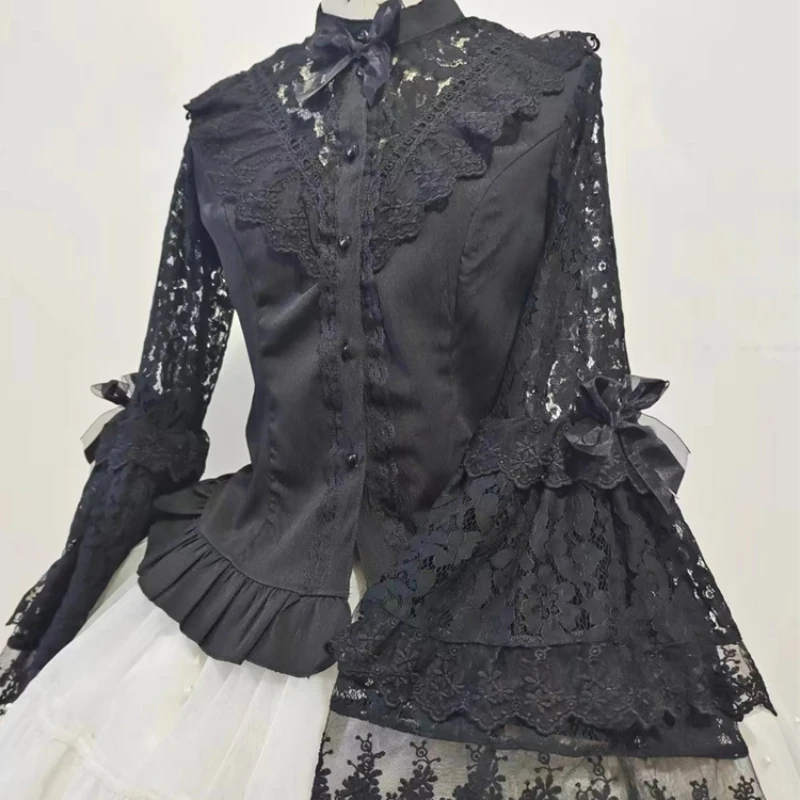 

Gothic Y2k Lolita Style Shirts Women Victorian Vintage Lace Bow Long Sleeves Blouses Japanese Elegant Black White Chic Slim Tops